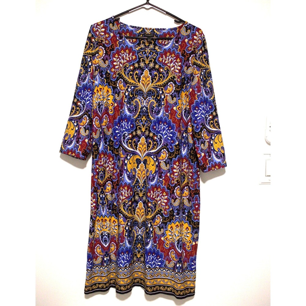 Talbots Womens XL Paisley Damask Print 3/4 Sleeve Shift Dress Multi-Color Blue